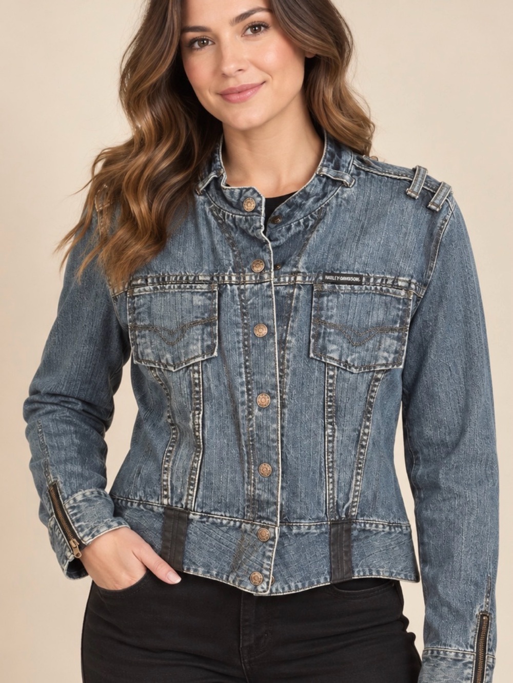 Harley-Davidson Distressed Blue Denim Moto Jacket vintage bomber